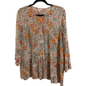 J Jill Floral Blouse Sz XL Long Sleeve Pearlescent Buttons Down the Front